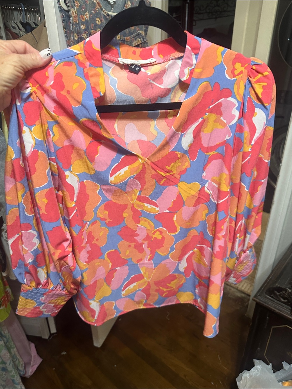 Vibrant Floral V-Neck Blouse in Pink and Blue